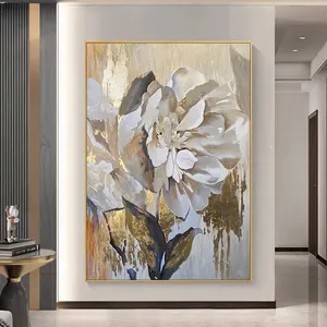 Grande taille moderne abstrait 100% peint à la main feuille d'or fleur brune peinture à l'huile toile abstraite cadre mural photo illustration