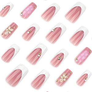 Uñas Postizas Rectangulares Medianas y Duraderas, Estilo Francés, Flor Blanca Tridimensional, <span class=keywords><strong>Manicura</strong></span> - Product Image 3