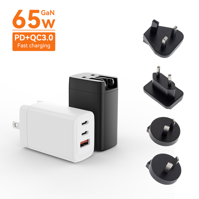 5V 3A 9V 3A 12V 3A 15V 3A 20V 3A 65w New Product GaN 3 Port 2 USB-C Type C Port 1 USB-A QC 3.0 PD Charger fast charging