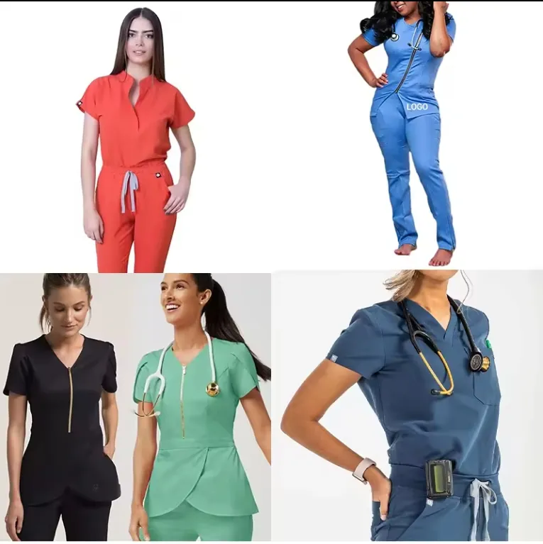 Uniformes hospitalares por atacado de fábrica para enfermeiras, conjuntos de uniformes de enfermagem elegantes de manga curta para mulheres, uniformes de enfermagem