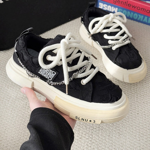 Chunky <b>Canvas</b> Sneakers White <b>Round</b> Toe Lace Up Chunky Sole With Chain Detail All Seasons Walking Style Shoes - Product Image 6