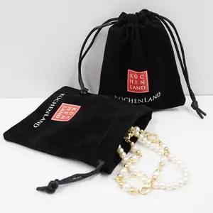 Tas kantong beludru tali serut penyimpanan hitam logo kustom untuk kantong kemasan perhiasan