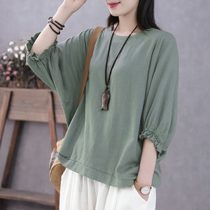 Plus Size Women's Summer Batwing Sleeve Tops O-Neck Three Quarter Sleeve Loose Fit Blouse For Curvy Women Blue White Red Green - Product Image 2