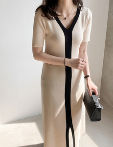 Abito lungo HANO donna estate stile coreano lavorato a <span class=keywords><strong>maglia</strong></span> sottile abito lungo <span class=keywords><strong>nero</strong></span> bianco Casual elegante Vintage manica corta - Product Image 3