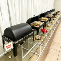 Plat de service de luxe 9L en acier inoxydable noir rond avec couvercle roulant, chauffe-plat de buffet pour hôtel et événements