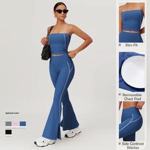 Ensemble de survêtement deux pièces respirant de haute qualité pour l'entraînement sportif estival, jogging, pantalon long évasé uni - Product Image 2