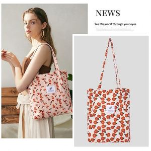 Sac fourre-tout en velours côtelé mignon avec imprimé visage souriant, sac à main esthétique de grande capacité, sac à bandoulière souple vintage pour les voyages et l'école - Product Image 1