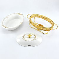 Plat de Présentation Chauffant Ovale en Céramique 1.0/1.5/2.0L Luxe et Or Couronne – Set Chauffe-Plat