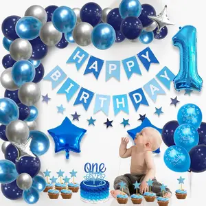 Baru bayi laki-laki Selamat Ulang Tahun 1 tahun satu pesta balon Set bendera spanduk kue Insert Baby Shower Favor Globos dekorasi