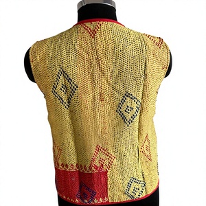 Yellow Kantha Stitch Koti Multicolor Embroidered Bohemian Short Ethnic Traditional Sleeveless <b>Waistcoat</b> Red Border Jacket - Product Image 3