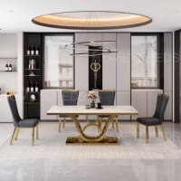 Ensemble de table à manger en marbre de luxe avec base en métal doré, mobilier de salle à manger moderne pour hôtel, villa, appartement