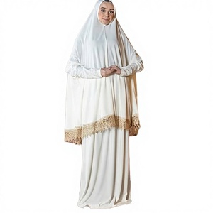 Elegant <b>White</b> Modest <b>Abaya</b> With <b>Gold</b> Embroidery Hem Long Sleeve Floor Length Prayer Dress For Women Middle East Style - Product Image 2