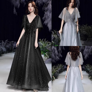 Evening Dress V-Neck A-Line Empire Waist Gray Black 3D Patterns Backless Formal Party Gown - Product Image 1
