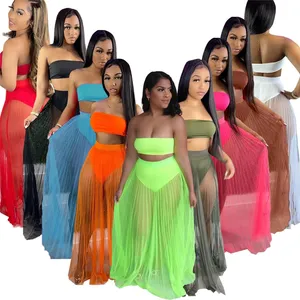 Eb-20060101women Tweedelige Badpakken 2023 Bikini Badpakken Badkleding Sexy Mesh Maxi Strand Jurken 2 Delige Rok Set Kleding