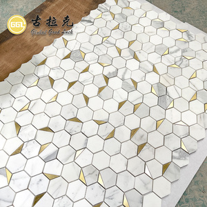 Calacatta White Marble Hexagon Mosaic <strong>Tile</strong> with Brass Accent for <strong>Music</strong> Room Wall and Creative Space - Product Image 3