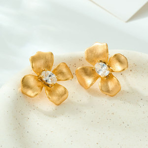 Flower Stud <b>Earrings</b> Gold Plated Copper Alloy Zircon Inlaid 925 Silver <b>Posts</b> Everyday Wear - Product Image 1