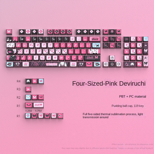 Wholesale Pink Devil Theme Keycap Set SA Height Four-Sided Transparent PBT Sublimation 119 Small Stock
