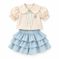 Ensemble de vêtements pour petites filles, chemise beige, culotte à carreaux bleue, manches bouffantes en coton, vêtements de printemps et d'été pour enfants