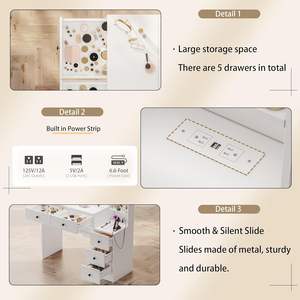 Coiffeuse blanche style ferme <span class=keywords><strong>avec</strong></span> 5 tiroirs, station de charge, miroir éclairé, étagère de rangement, en bois, pour maquillage et habillage - Product Image 4