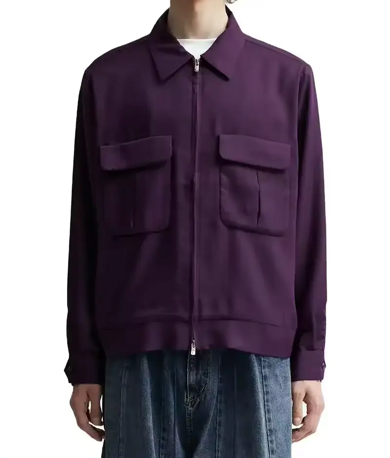 High Quality Mens Zip Up Polo Sweater Polyester Track Windbreaker Purple Custom Button Up Multi Pocket Jacket