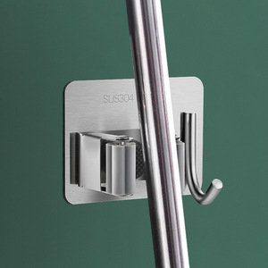 Stainless steel <b>mop</b> clips and hooks, bathroom <b>wall</b>-mounted <b>mop</b> holder with hooks, no drilling required. - Product Image 2