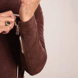 <b>Mens</b> <b>Brown</b> <b>Suede</b> Cafe Racer <b>Jacket</b> Slim Fit Vintage Biker Style Waterproof Zippered Streetwear Outerwear - Product Image 4