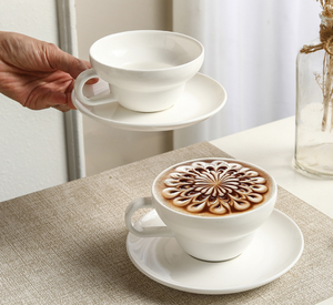 Minimalist High White Thick Ceramic Coffee <b>Cup</b> <b>Saucer</b>, Professional Latte <b>Cup</b> for Cafes Hotel Restaurant Holiday Premium Gifts - Product Image 4