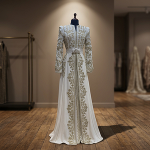 Elegante Caftán Marroquí de Seda Satinada con Cuentas, Largo hasta el Suelo, Color Blanco, Takchita, Vestido de Fiesta para Mujer, Estampado Floral Natural, Transpirable - Product Image 3
