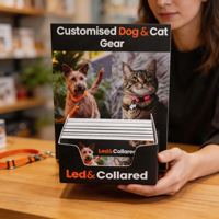 Présentoir de comptoir en carton imprimé sur mesure pour cartes de visite de magasin d'animaux, support de brochure promotionnelle de bureau