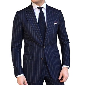 Completo da <span class=keywords><strong>Uomo</strong></span> a Righe in Due Pezzi, Vestito Slim Fit Formale da Cerimonia, Smoking con Risvolto a Punta, <span class=keywords><strong>Blu</strong></span> <span class=keywords><strong>Navy</strong></span> a Righe, <span class=keywords><strong>Blazer</strong></span> da Sposo per Affari - Product Image 1