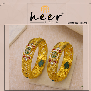 Elegant handcrafted jewelry for bridal and festive wear gold bangles with intricate filigree design green and red <b>stones</b> bangles - Product Image 2
