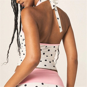 Sweet Fason Polka Dot Print Patcwork Womens Matcng <b>Sets</b> Alter Vneck Backless Crop Top and Sorts 2 Piece <b>Set</b> - Product Image 3