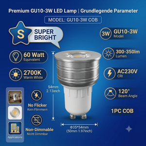 Ampoule LED GU10 COB 3W AC230V 120 Degrés RA80 Aluminium Non Dimmable Blanc Chaud 3000K - Product Image 1
