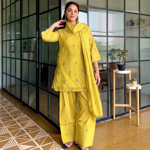 Yellow Embroidered Ethnic Salwar Kameez Set Afghan Style Tunic Palazzo Pants <b>Shawl</b> for Festival <b>Wedding</b> Party Diwali - Product Image 1