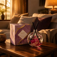 Diffuseur d'arômes en verre de luxe moderne avec fleurs préservées et bâtonnets en rotin – Parfum d'ambiance haut de gamme