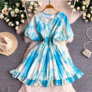 Abito in chiffon stampato con maniche a lanterna da donna, ideale per l'estate, con vita elasticizzata e orlo arricciato - Product Image 6
