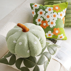 Luxury Green Floral Tufted Throw Pillow Set Cute Pumpkin <strong>Shaped</strong> <strong>Cushion</strong> with Embroidery <strong>Flowers</strong>, Soft Velvet Plush Fabric - Product Image 2
