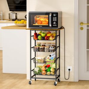 Kitchen Storage Rack Multi Tier Movable Floor <b>Standing</b> Fruit <b>Vegetable</b> Cart With Wheels Carbon Steel Modern Design - Product Image 1
