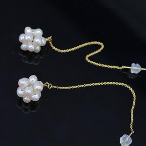 14K <b>Gold</b> Filled Handmade Threader <b>Earrings</b>, Natural Freshwater Pearl Cluster Flower Long Chain <b>Dangle</b> <b>Earrings</b> - Product Image 2