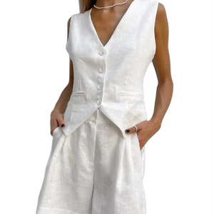 Pantalones cortos informales para <span class=keywords><strong>mujer</strong></span> <span class=keywords><strong>XS</strong></span> directos del fabricante, chaleco en V suelto sin mangas y blusa de lona de color sólido con logotipo personalizado - Product Image 1