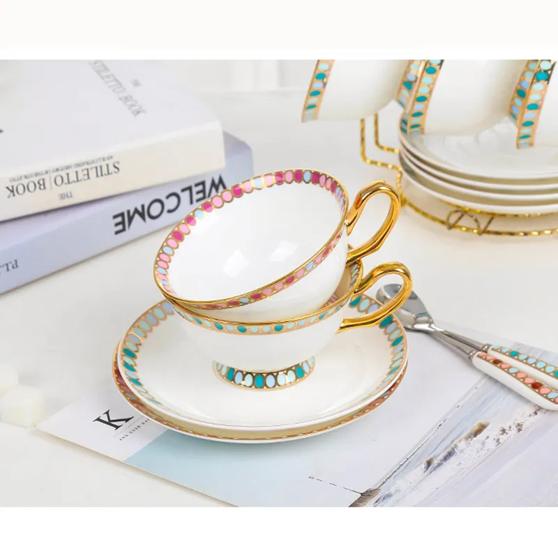 Zogifts toptan özel kemik çin çayı daire altın jant Modern türk bardak arapça porselen kahve fincanı Set