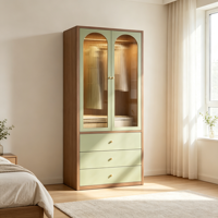 Armoire moderne en acier avec portes vitrées, panneaux cannelés, design anti-poussière, tiroirs de rangement pour vêtements pour chambres à coucher