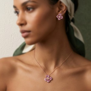 Ensemble de bijoux Xinfly pour enfants en or massif 18 carats avec saphir rose naturel et diamants, pendentif trèfle, boucles d'oreilles, cadeau romantique AU750 - Product Image 4