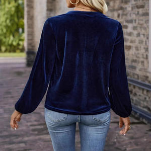Primavera terciopelo linterna <span class=keywords><strong>manga</strong></span> larga Blusas <span class=keywords><strong>Manga</strong></span> Larga Mujer botón cuello en V camisetas Casual blusa Tops al por mayor - Product Image 2