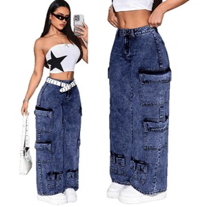 <span class=keywords><strong>Jeans</strong></span> <span class=keywords><strong>Cargo</strong></span> da <span class=keywords><strong>Donna</strong></span> in Denim Effetto Vissuto, <span class=keywords><strong>Pantaloni</strong></span> Multi-tasca a Gamba Larga Lunghezza Caviglia, Disponibili all'Ingrosso - Product Image 1