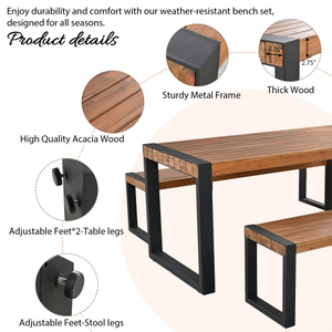 3-Piece Modern Outdoor Dining <b>Set</b> Acacia Wood <b>Table</b> with 2 <b>Benches</b> Steel Frame for Home & Hotel Use - Product Image 3