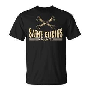 Camiseta Saint Eligius con estampado negro y dorado, diseño del patrón de los mecánicos - Product Image 1
