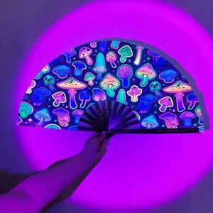 13 Inch UV Glow Women/Men <b>Folding</b> Rave Fan Holographic Bamboo Clack Hand Fan for Festival Music Party Wedding Decorations - Product Image 5