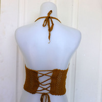 Haut court en macramé fait à la main, Bikini de plage, à la mode, marron, au Crochet, pour l'été