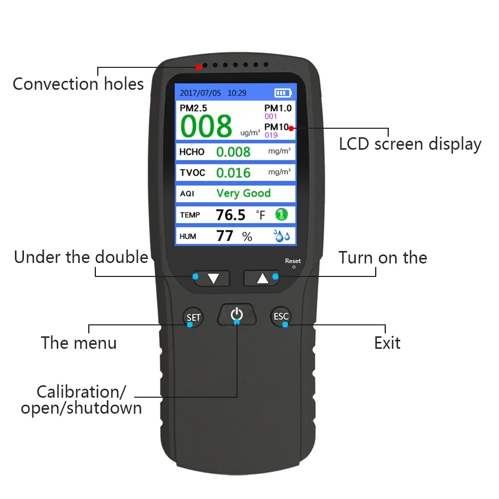 Gaz PM2.5 analizörü hava kalitesi monitör test cihazı formaldehit TVOC dedektörü sıcaklık nem ölçer sensörü avrupa sıcak satış
